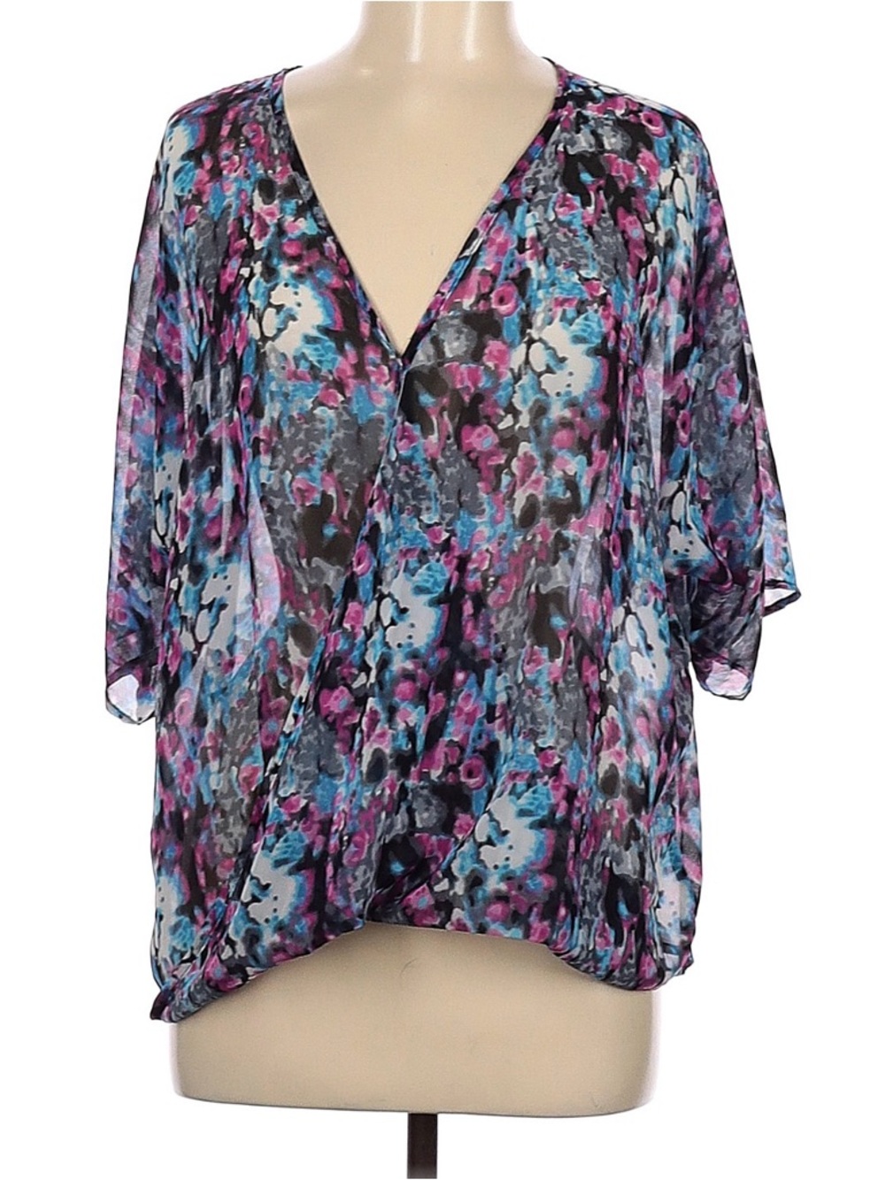 Buddy Love Floral Watercolor Feaux Wrap Blouse - Blue & Pink Large